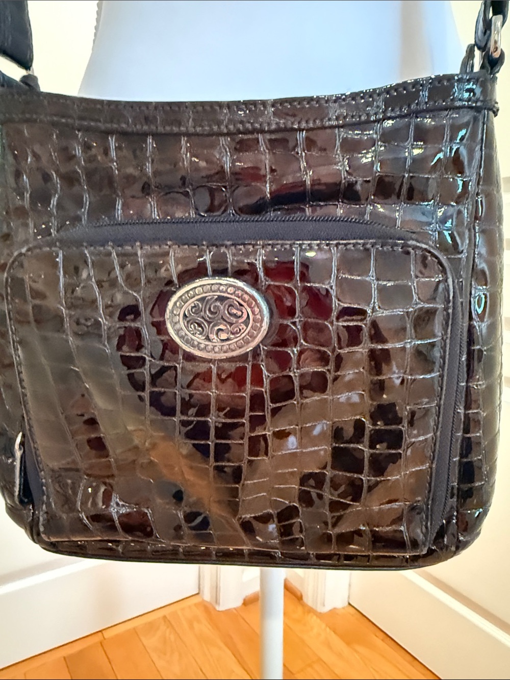 Brighton Vintage chocolate brown glossy Croc-Embossed Leather Messenger Bag
